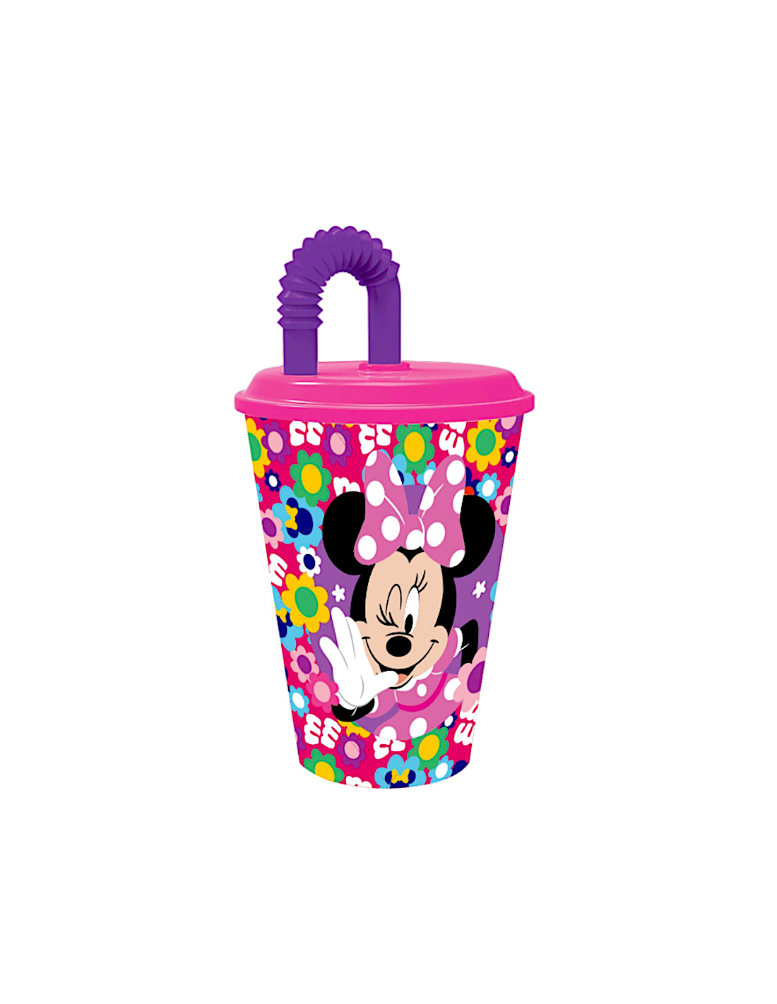 BICCHIERE 430ML MINNIE IN PLASTICA ROSA CON CANNUCCIA E COPERCHIO, PER BAMBINI
