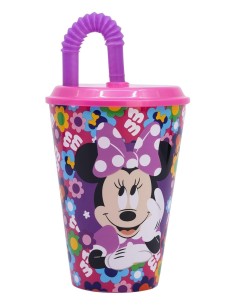 BICCHIERE 430ML MINNIE IN PLASTICA ROSA CON CANNUCCIA E COPERCHIO, PER BAMBINI