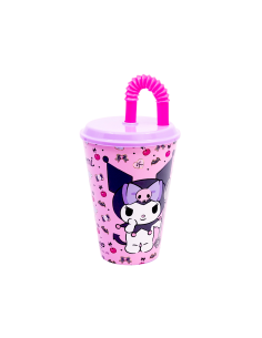 BICCHIERE 430ML KUROMI IN PLASTICA ROSA RIUTILIZZABILE CON CANNUCCIA E COPERCHIO PER BAMBINI