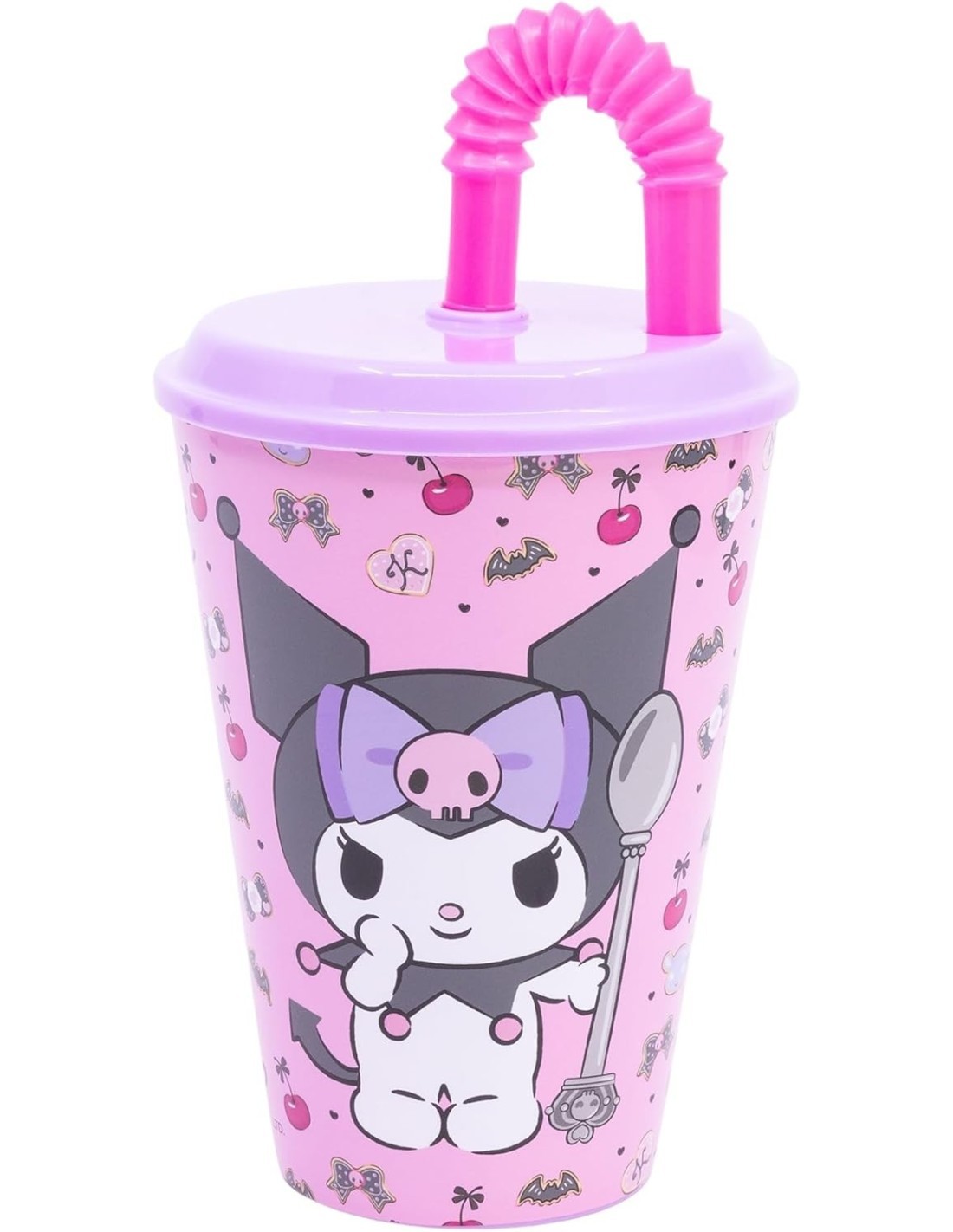 BICCHIERE 430ML KUROMI IN PLASTICA ROSA RIUTILIZZABILE CON CANNUCCIA E COPERCHIO PER BAMBINI