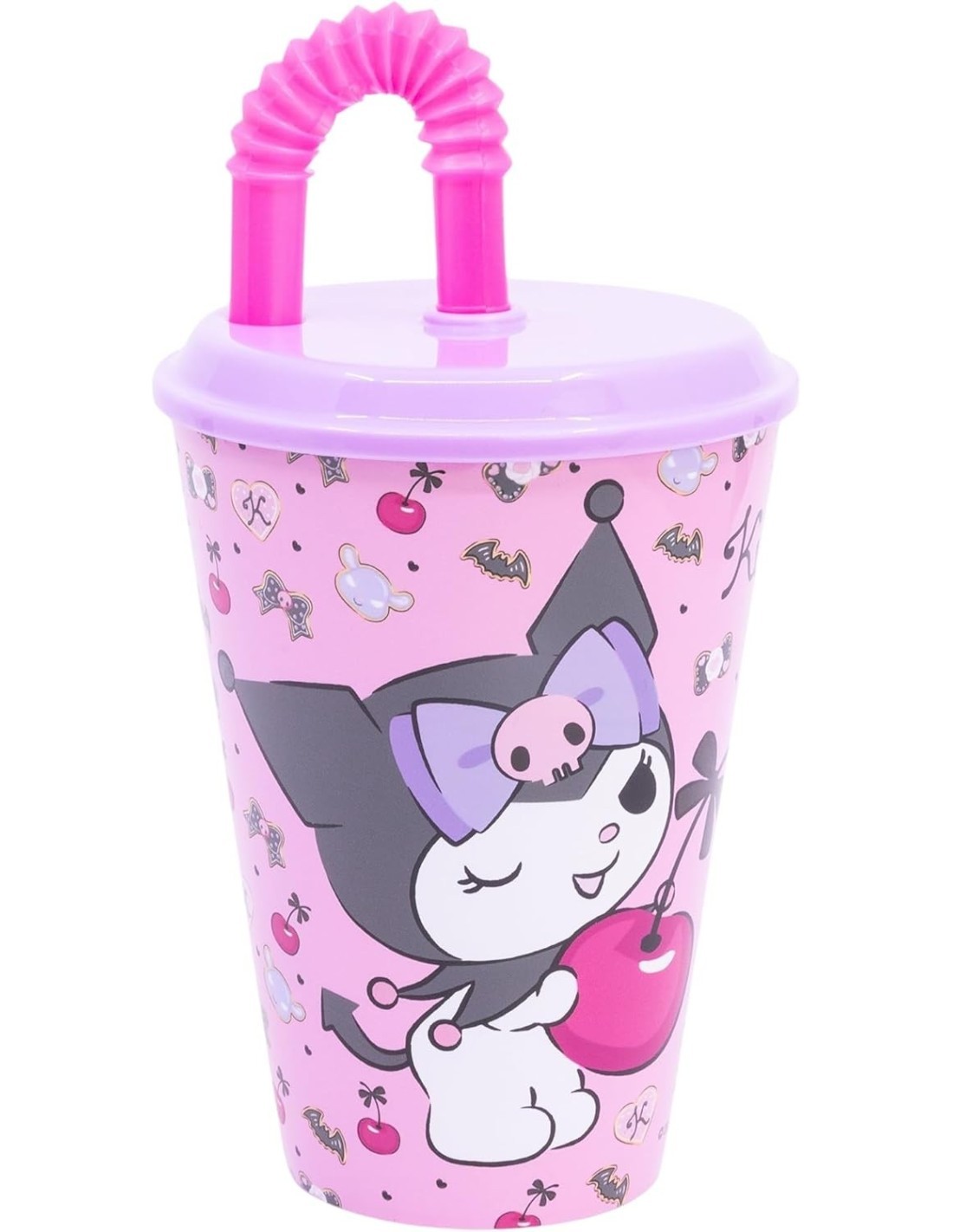 BICCHIERE 430ML KUROMI IN PLASTICA ROSA RIUTILIZZABILE CON CANNUCCIA E COPERCHIO PER BAMBINI