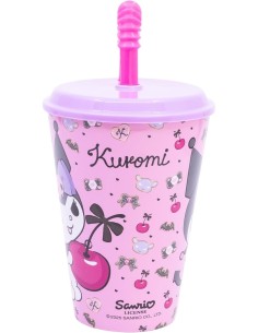 BICCHIERE 430ML KUROMI IN PLASTICA ROSA RIUTILIZZABILE CON CANNUCCIA E COPERCHIO PER BAMBINI