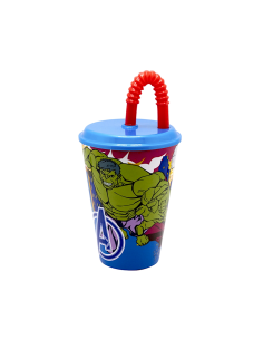 BICCHIERE  DI PLASTICA 430ML CON CANNUCCIA AVENGERS, SUPEREROI, PER BAMBINI