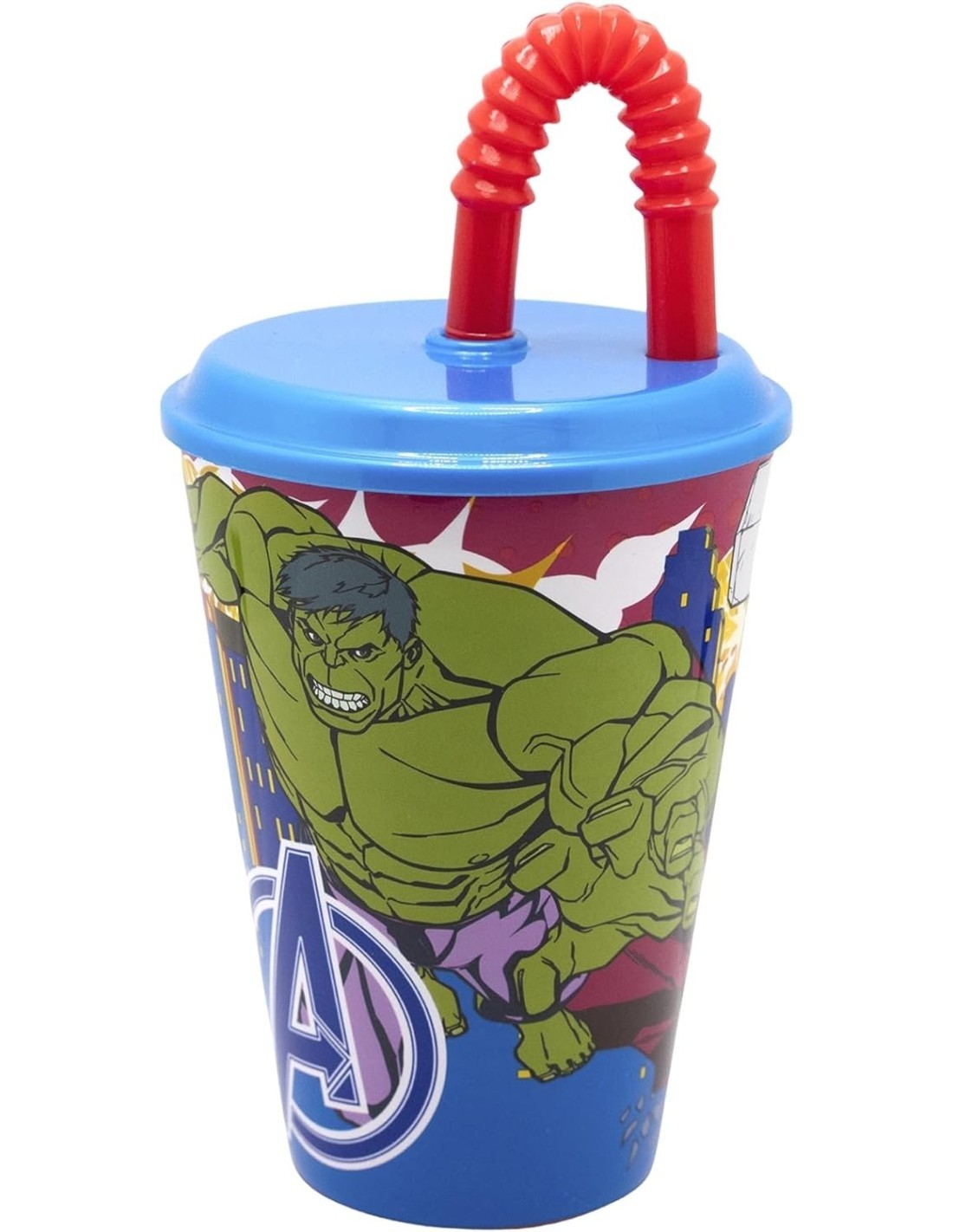 BICCHIERE  DI PLASTICA 430ML CON CANNUCCIA AVENGERS, SUPEREROI, PER BAMBINI