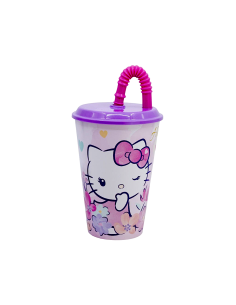 BICCHIERE IN PLASTICA 430ML CON CANNUCCIA E COPERCHIO HELLO KITTY