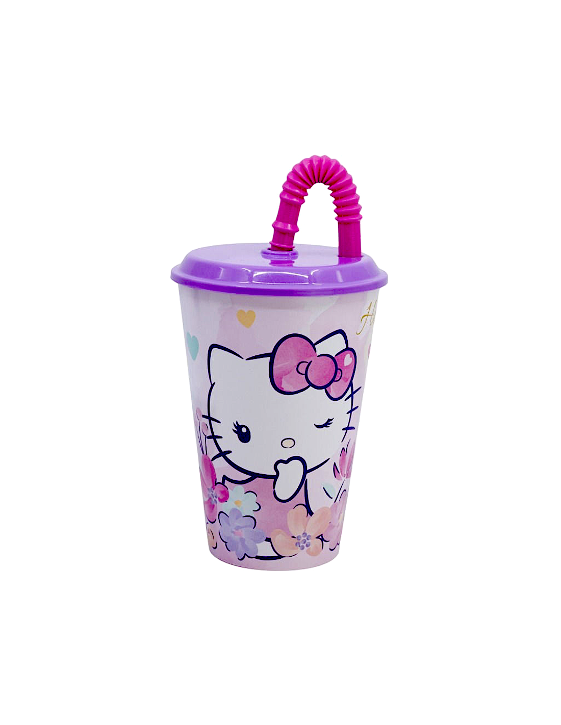 BICCHIERE IN PLASTICA 430ML CON CANNUCCIA E COPERCHIO HELLO KITTY