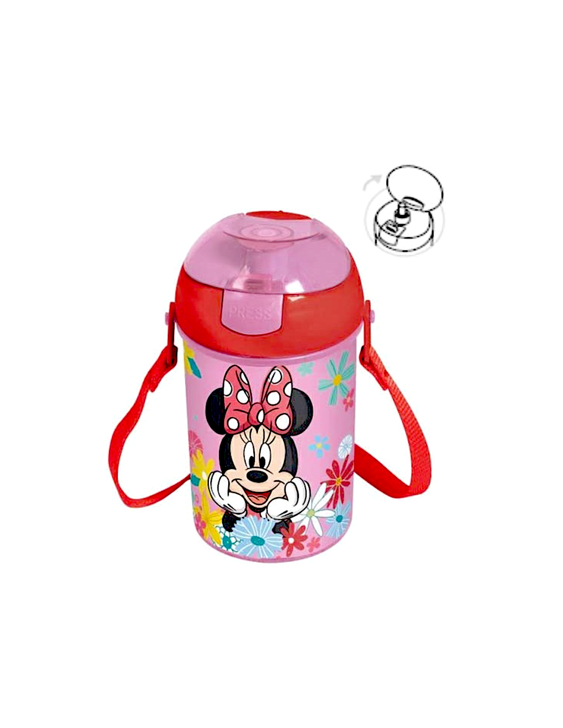 BORRACCIA POP-UP 450ML IN PLASTICA ROSA MINNIE CON TRACOLLA, PER BAMBINI