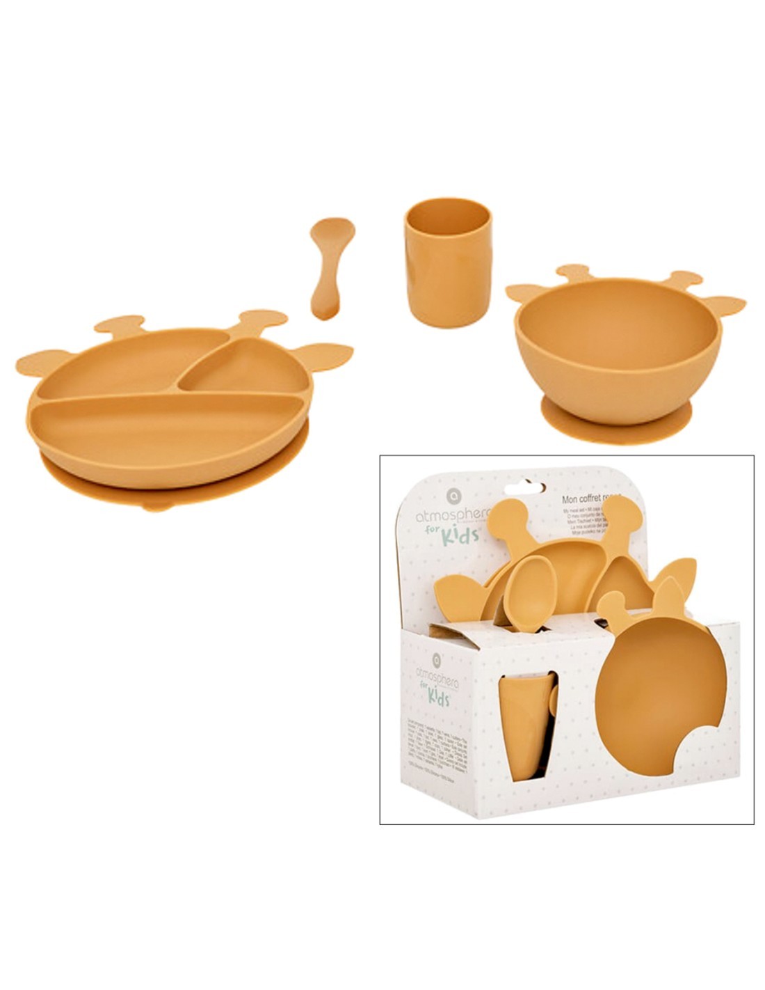 Set Pranzo, 4 Pezzi, Giraffa, Silicone, Ocre, Piatto, Ciotola, Bicchiere, Cucchiaio