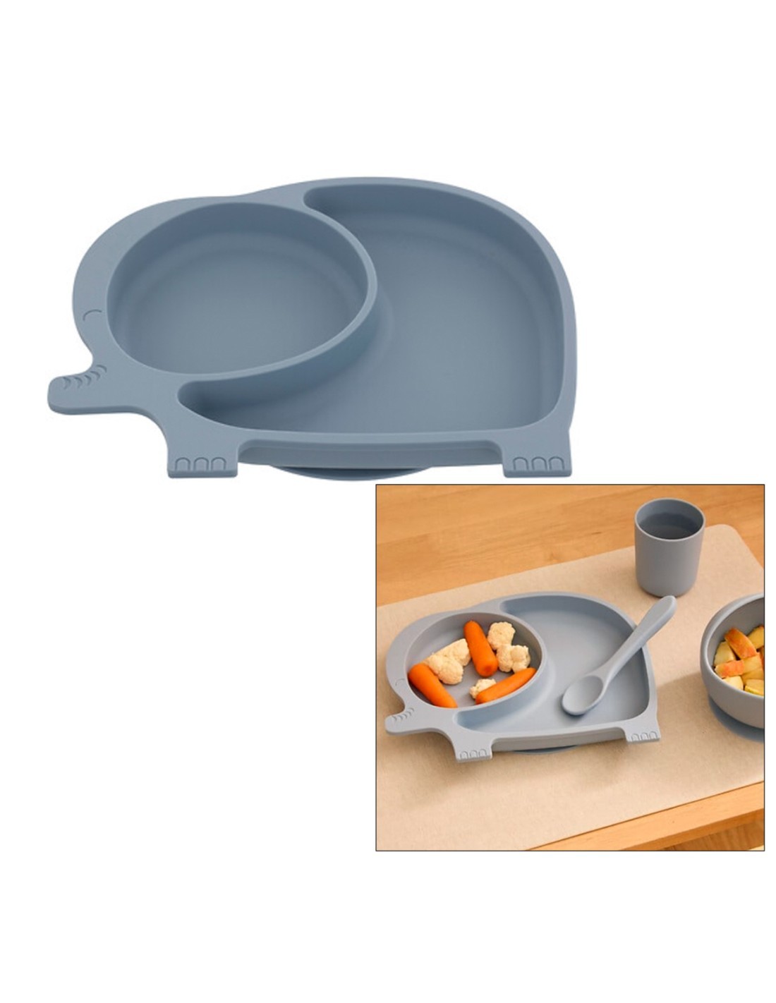 Set Pappa, 4 Pezzi, Elefante Yum, Silicone, Blu Grigio, Piatto Ventosa, Ciotola, Bicchiere, Cucchiaio