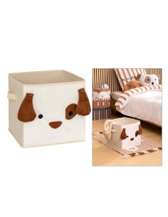 Scatola Contenitore in Velluto Beige con Stampa Cane, 29 x 29 x 29 cm – Pieghevole