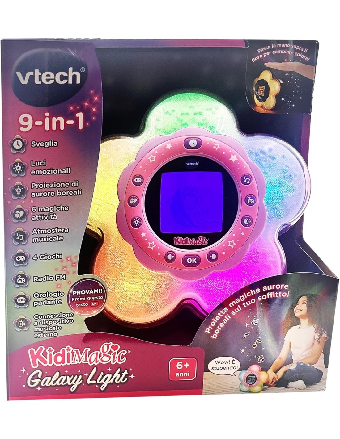 KIDIMAGIC GALAXY LIGHT, RADIOSVEGLIA 9 IN 1, PROIETTORE AURORA BOREALE, 6+ ANNI