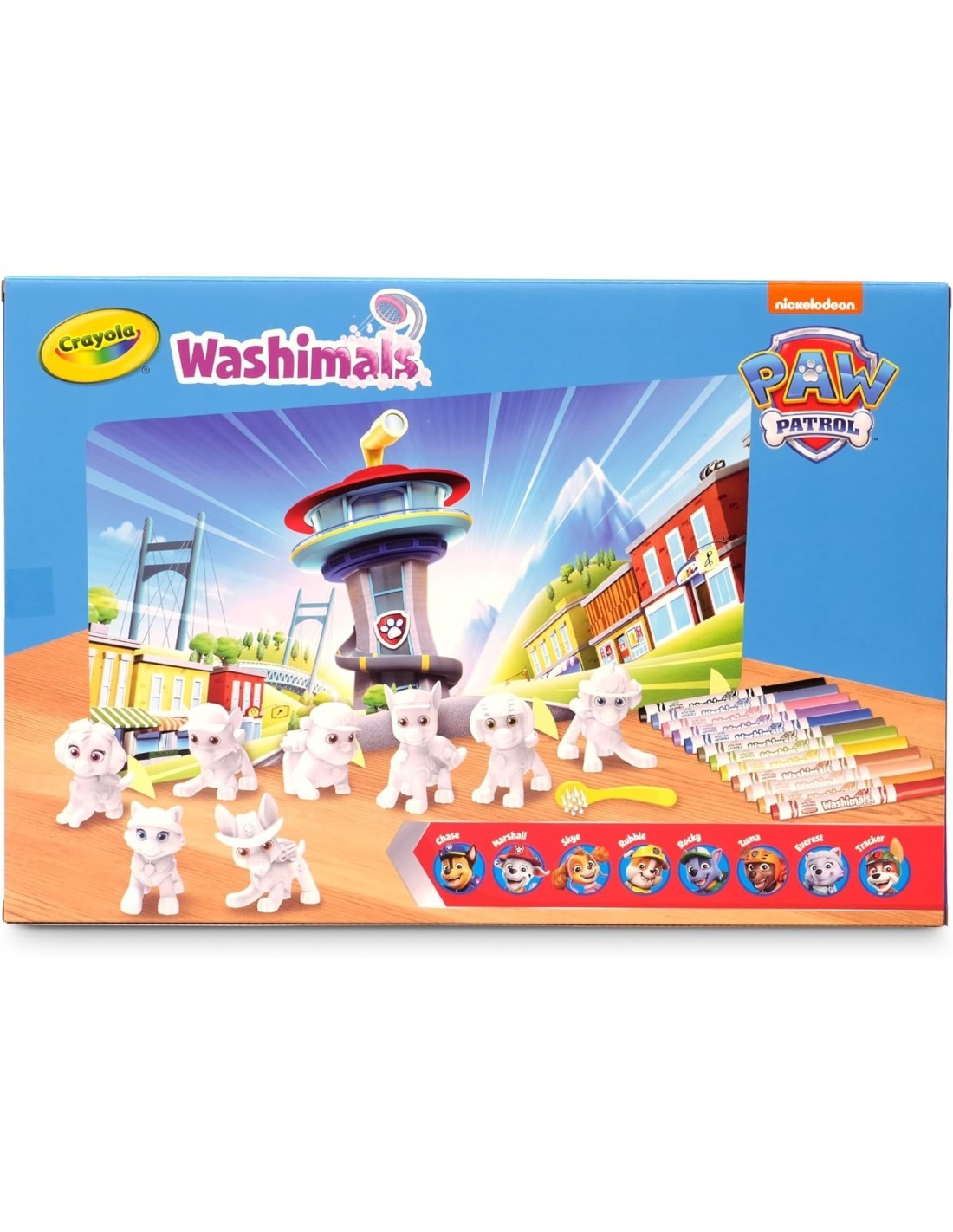WASHIMALS PAW PATROL SUPER SET, SUPER SET ATTIVITÀ CON 8 CUCCIOLI, 12 PENNARELLI LAVABILI, SPAZZOLINA E SFONDO COLORABILE