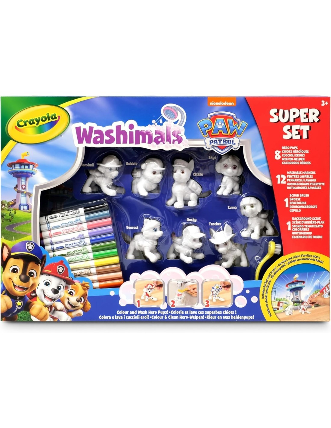 WASHIMALS PAW PATROL SUPER SET, SUPER SET ATTIVITÀ CON 8 CUCCIOLI, 12 PENNARELLI LAVABILI, SPAZZOLINA E SFONDO COLORABILE