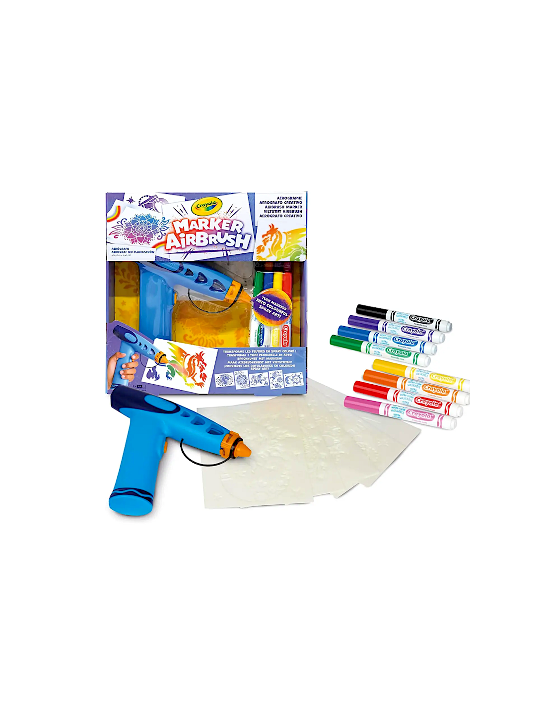 CRAYOLA Marker Airbrush – Aerografo Creativo per Bambini con 8 Pennarelli Lavabili e 5 Stencil – Giocattolo Educativo