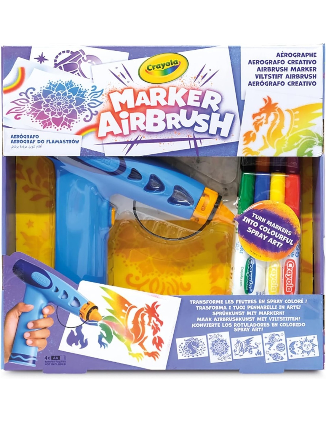 CRAYOLA Marker Airbrush – Aerografo Creativo per Bambini con 8 Pennarelli Lavabili e 5 Stencil – Giocattolo Educativo