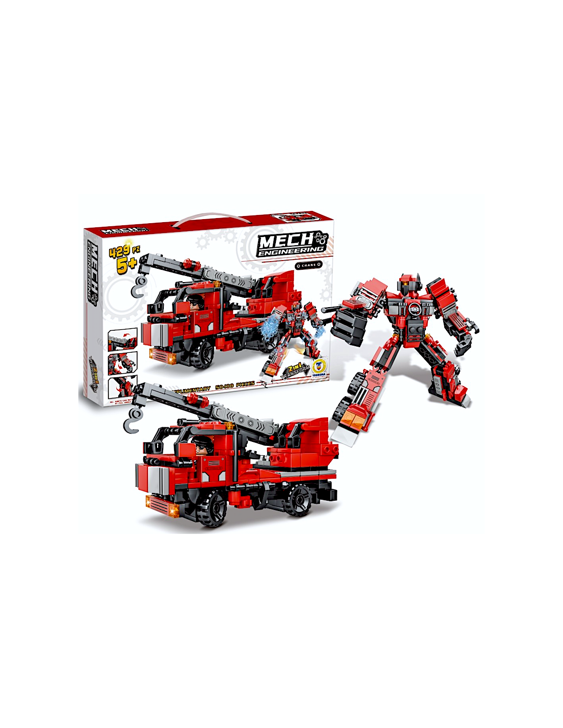 COSTRUZIONI CLICK CLACK, POMPIERI TRANSFORMER, 429 PEZZI, GIOCO DI COSTRUZIONE, VEICOLO 2 IN 1, EDUCATIVO PER BAMBINI