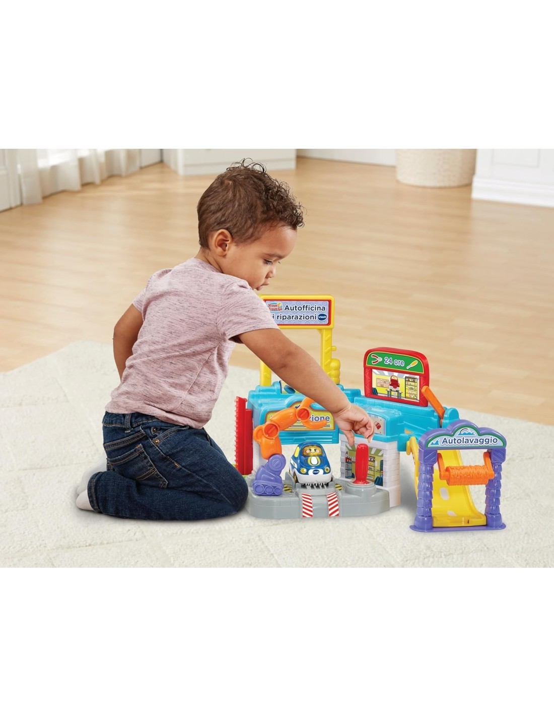VROOM VROOM GO AUTOFFICINA DI RIPARAZIONI, PISTA MACCHININE, GARAGE MULTIFUNZIONE, BRACCIO ROBOTICO, VEICOLO INCLUSO