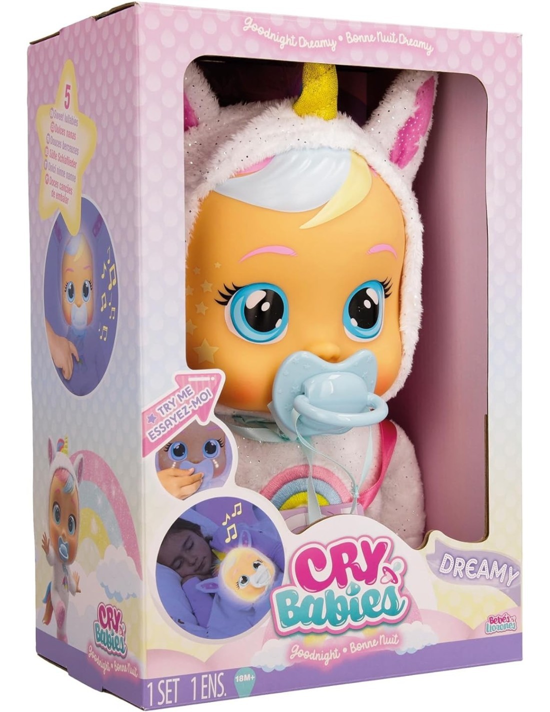 Cry Babies Goodnight Dreamy, Bambola Interattiva con Luce Notturna e Ninne Nanne, Giocattolo per Bambini dai 18 Mesi in Su