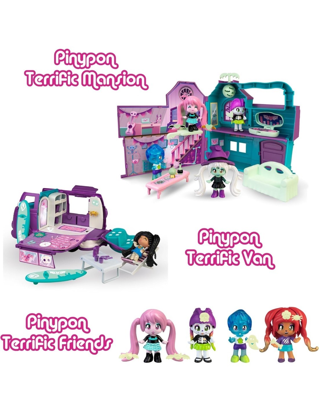 Pinypon Terrific Friends, Vampiro, Ragazza Lupo, Scheletro e Ragazzo Fantasma, Accessori Che Brillano al Buio, Famosa