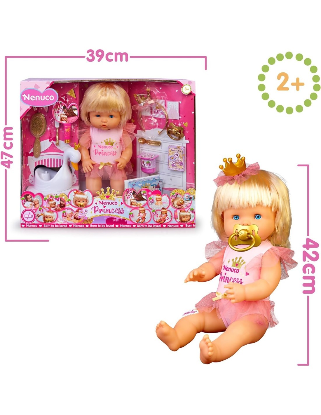 Nenuco Princess, Bambola 42 cm, Capelli Biondi, Corona da Principessa, 11 Funzioni, 10 Accessori, Bambini 3 Anni+, Famosa