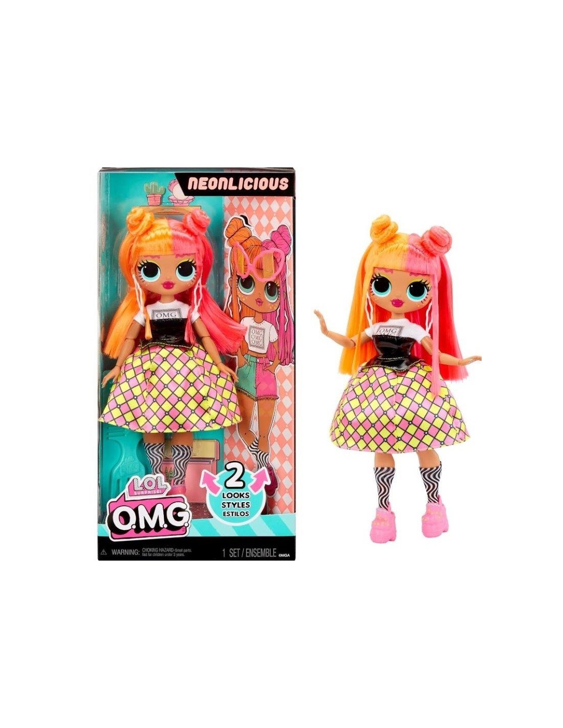 L.O.L. Surprise! Bambola OMG Fashion Neonlicious, con Abiti Trasformabili e Sorprese per Bambine