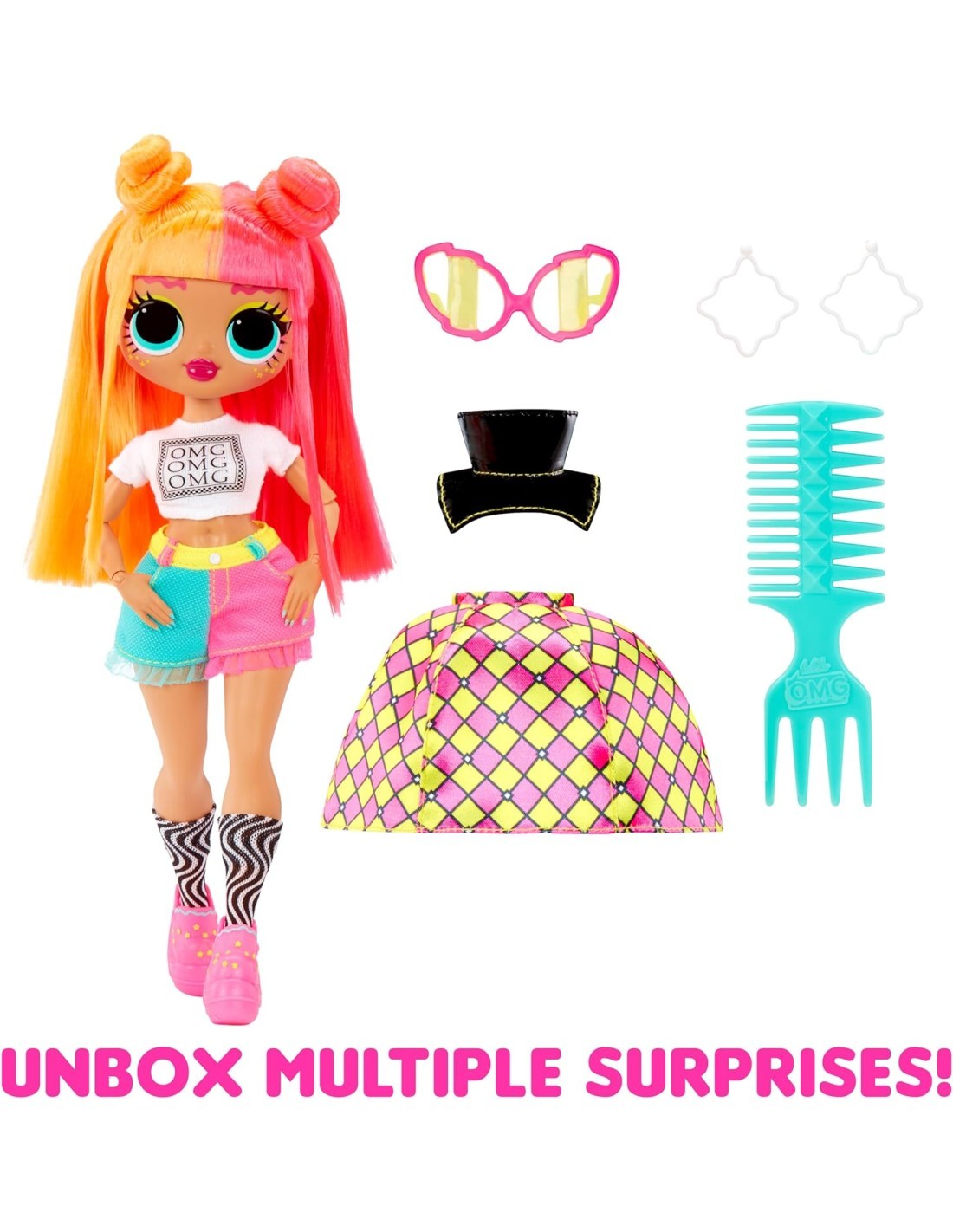 L.O.L. Surprise! Bambola OMG Fashion Neonlicious, con Abiti Trasformabili e Sorprese per Bambine