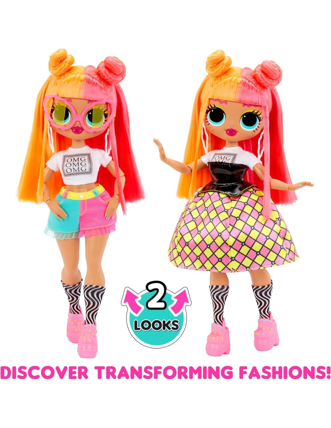 L.O.L. Surprise! Bambola OMG Fashion Neonlicious, con Abiti Trasformabili e Sorprese per Bambine
