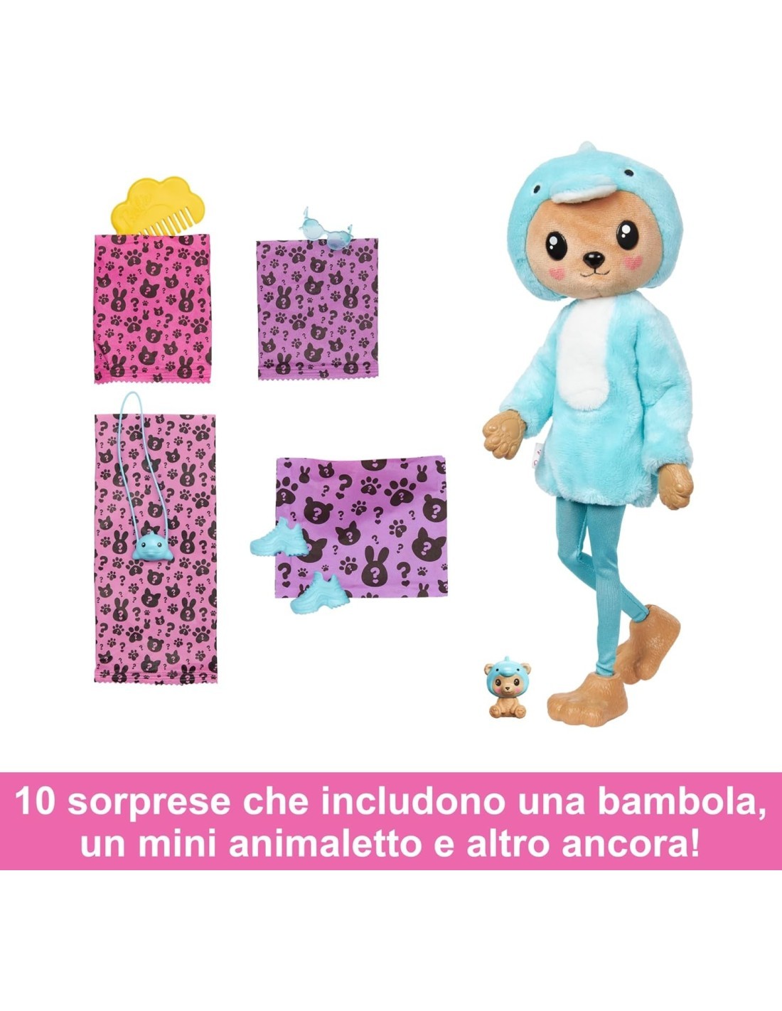 BARBIE Bambola con Costume di Peluche da Orsacchiotto Delfino e 10 Accessori a Sorpresa Cambia Colore 3+ anni