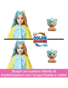 BARBIE Bambola con Costume di Peluche da Orsacchiotto Delfino e 10 Accessori a Sorpresa Cambia Colore 3+ anni