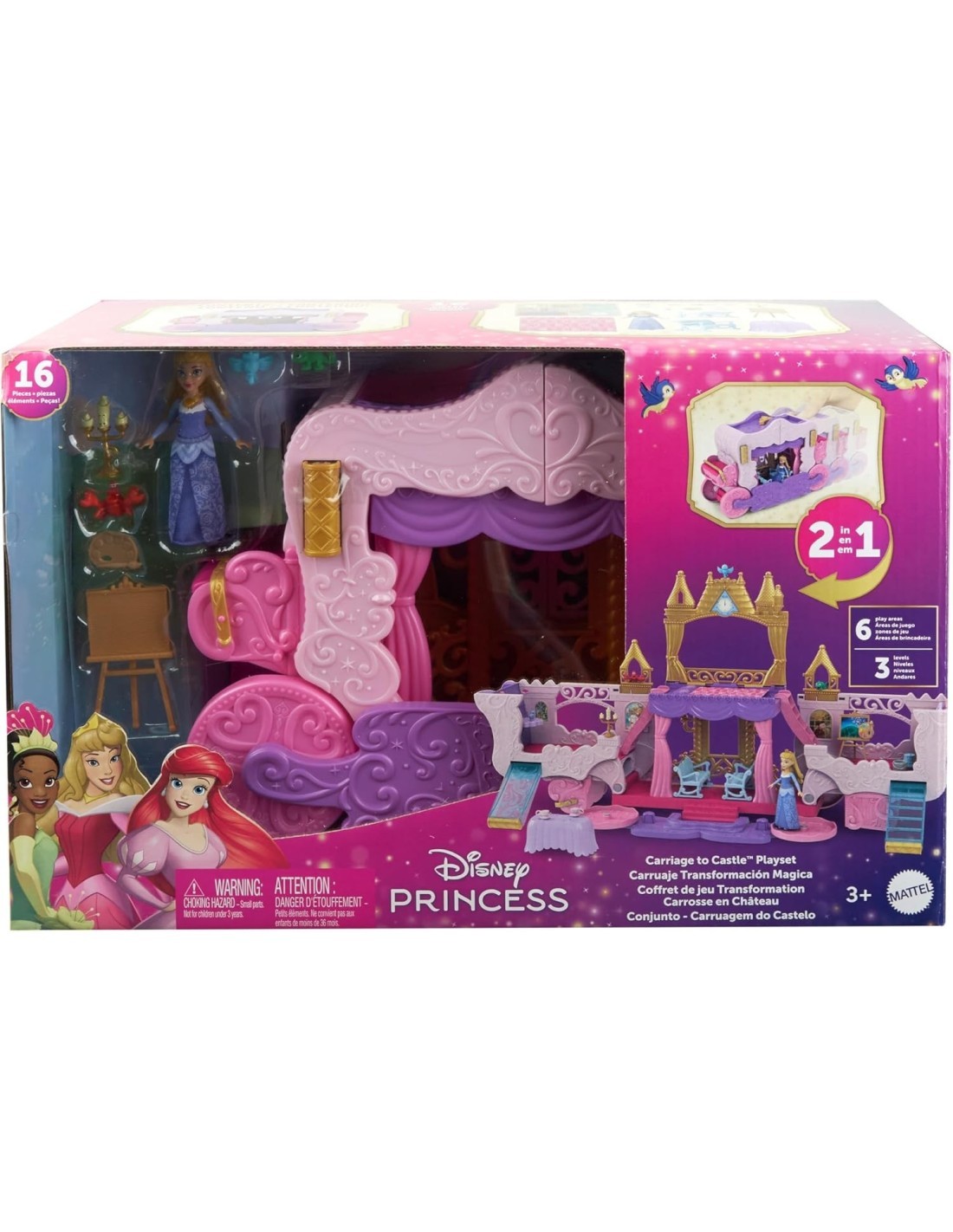 MATTEL DISNEY PRINCESS, CASTELLO CARROZZA, PLAYSET 2 IN 1, 3+ ANNI