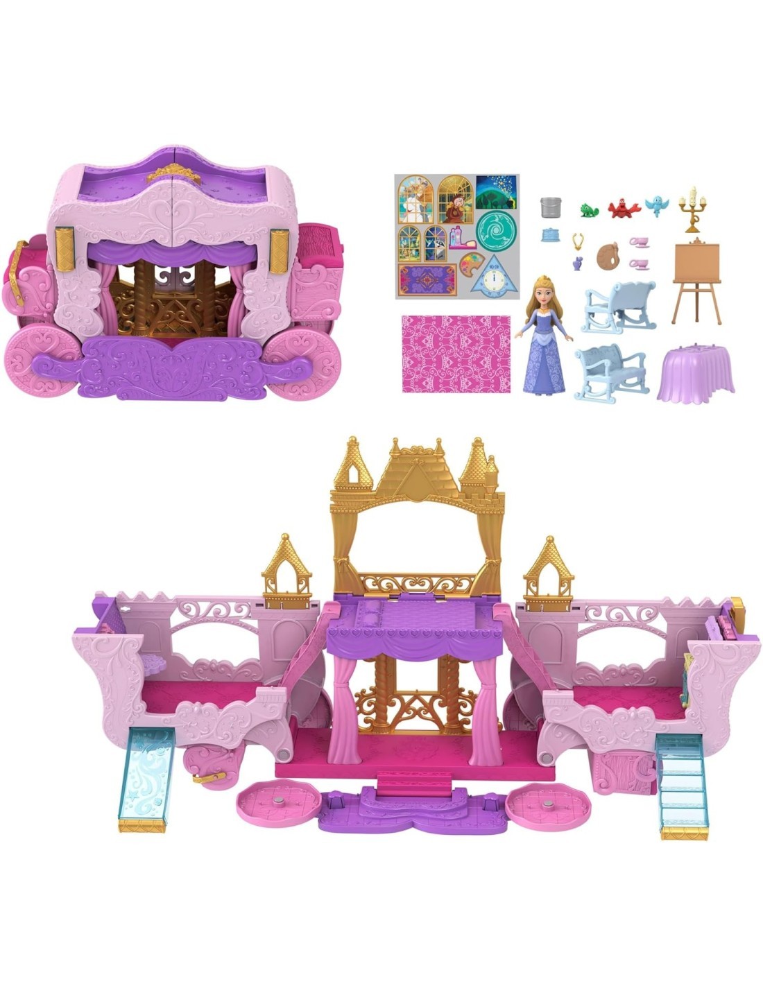 MATTEL DISNEY PRINCESS, CASTELLO CARROZZA, PLAYSET 2 IN 1, 3+ ANNI