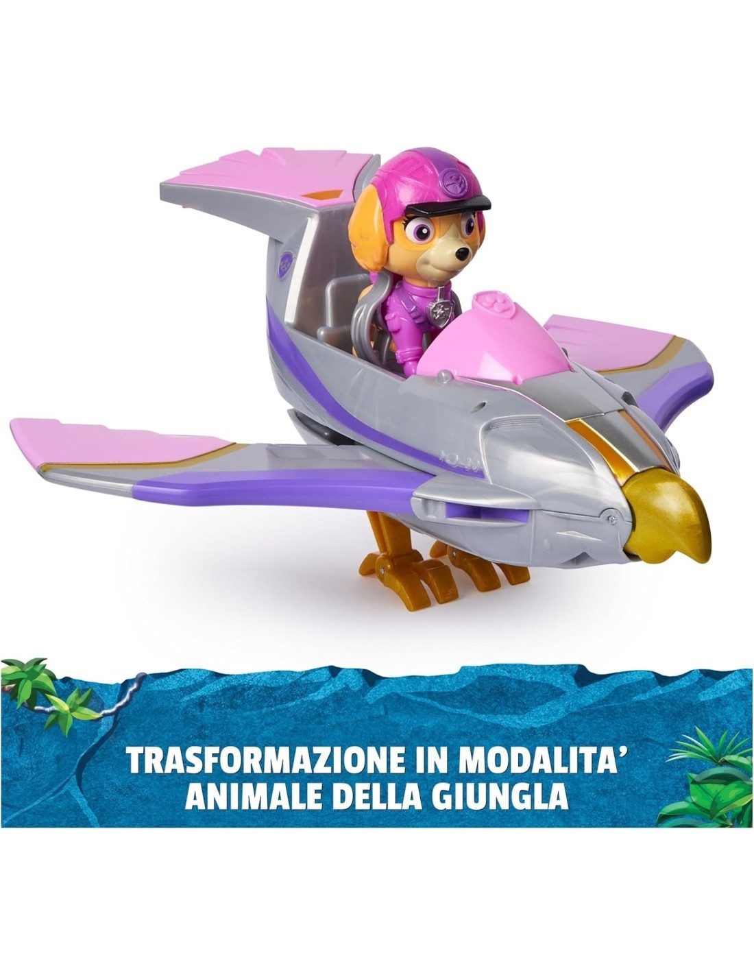 PAW Patrol Jungle Pups, Veicolo Falco di Skye, Jet Giocattolo con Personaggio di Skye da Collezione