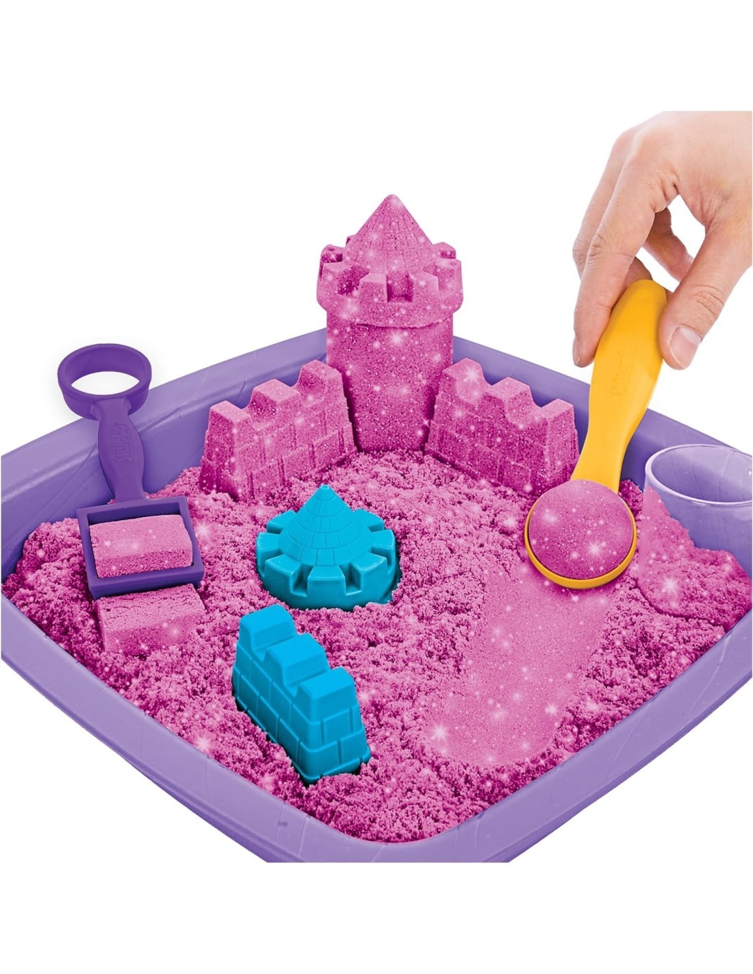 Kinetic Sand, sabbia cinetica rosa, glitterata, castello di sabbia, giocattoli per bambini, accessori inclusi