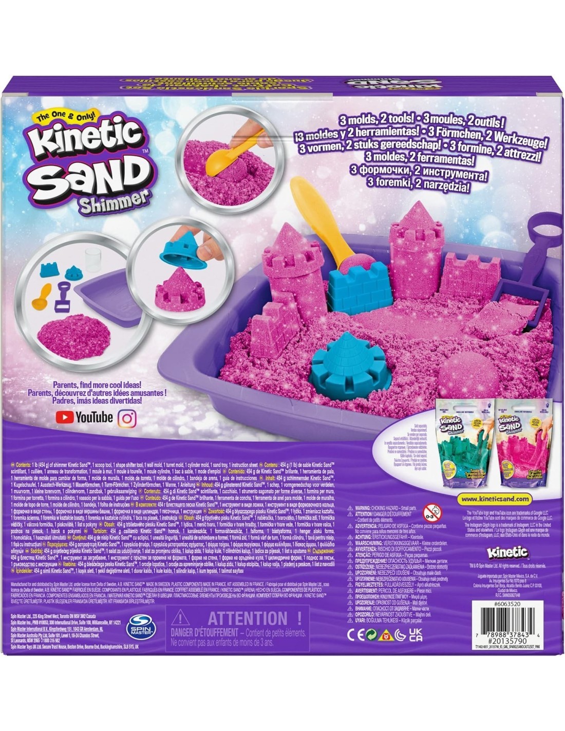 Kinetic Sand, sabbia cinetica rosa, glitterata, castello di sabbia, giocattoli per bambini, accessori inclusi