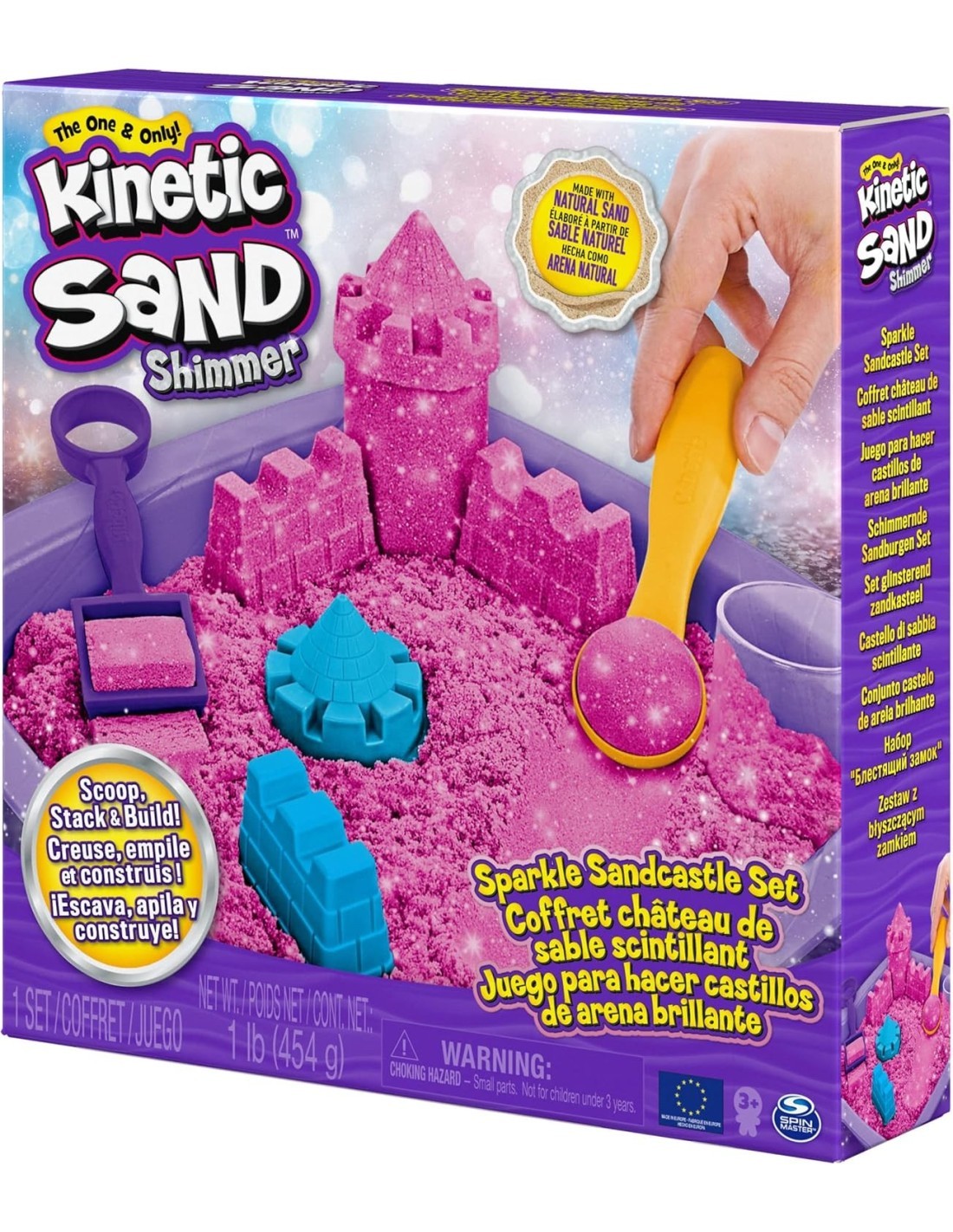 Kinetic Sand, sabbia cinetica rosa, glitterata, castello di sabbia, giocattoli per bambini, accessori inclusi