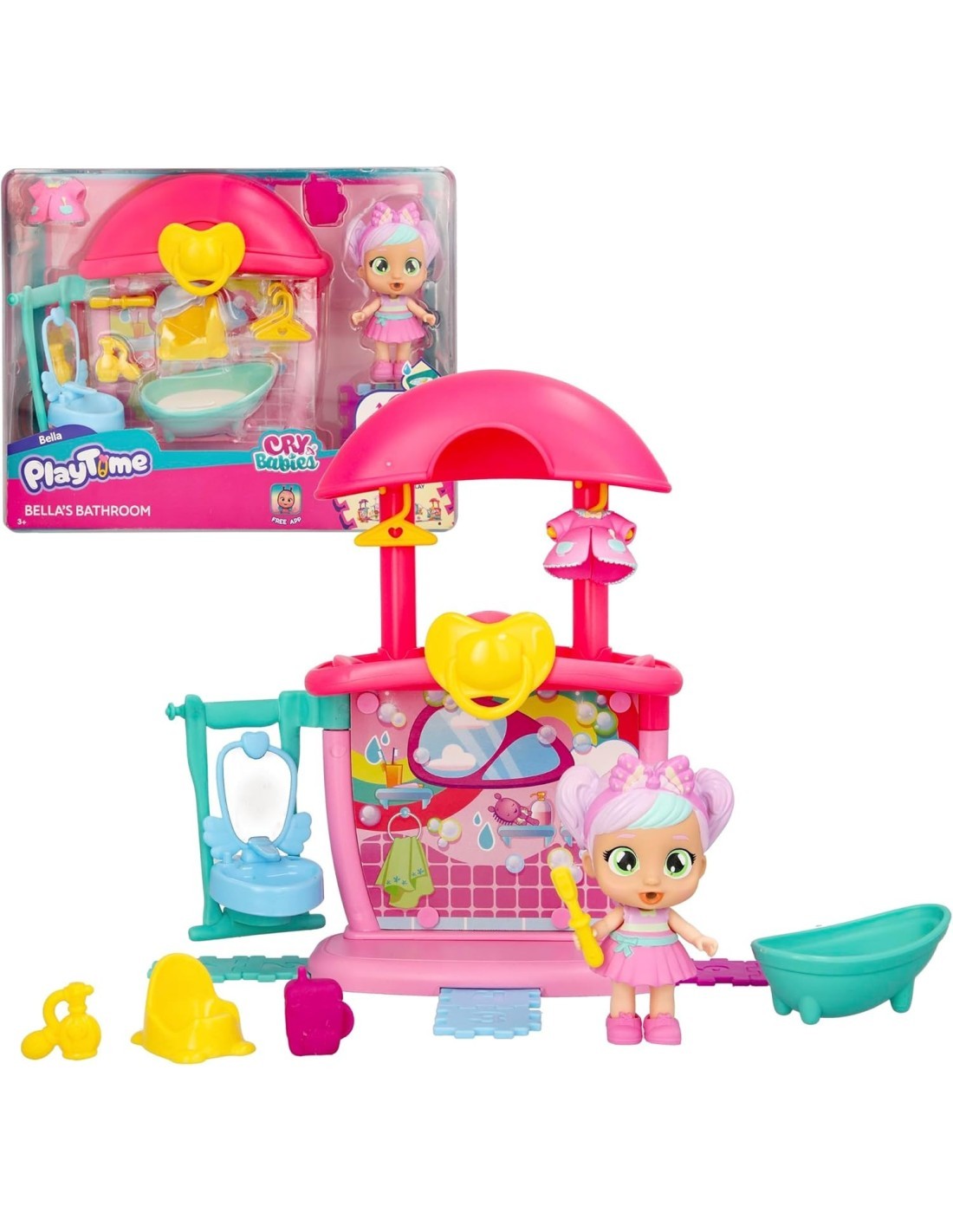 Playtime Cry Babies il Bagno di Bella, Bambola con Mini Playset e 14+ Accessori, Giocattolo per Bambini dai 4 ai 6 Anni
