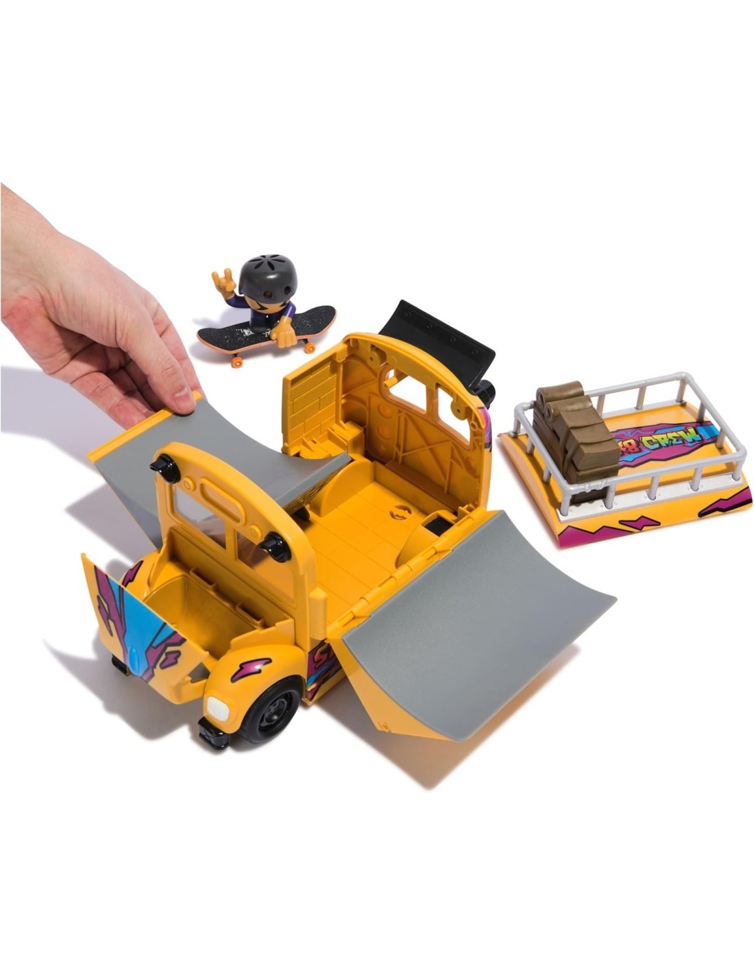 Tech Deck Sk8 Crew, Autobus Trasformabile 2in1 Sk8 con Fingerboard e Personaggio, Mini Skateboard da Collezione, 5 Anni in Su