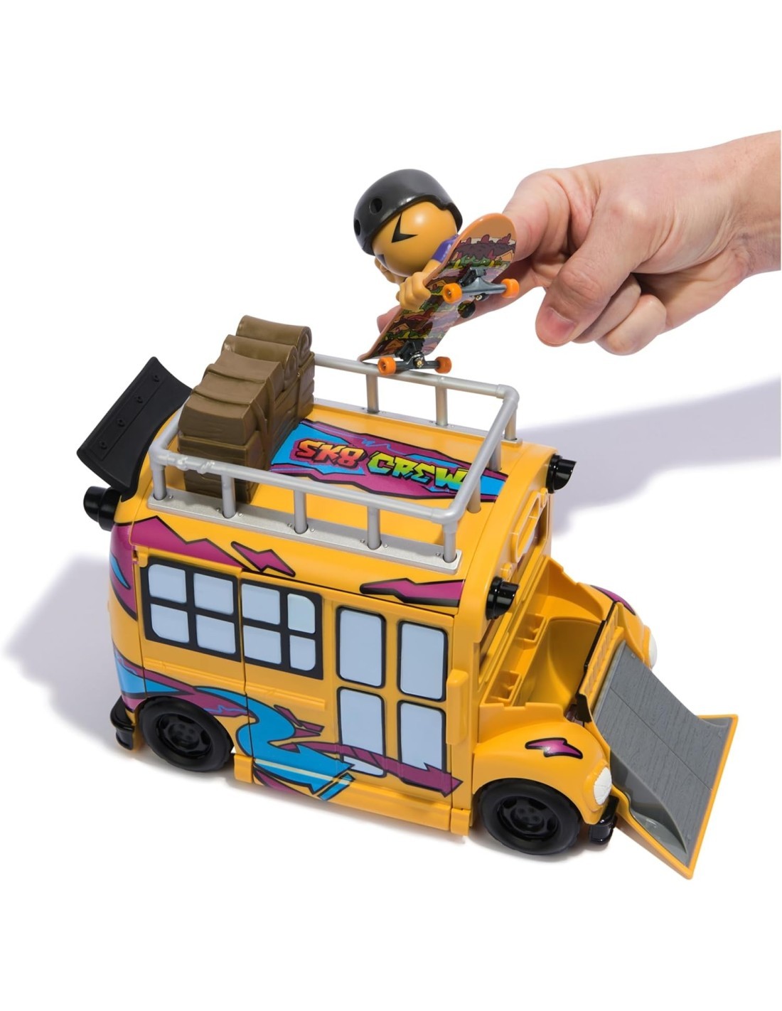 Tech Deck Sk8 Crew, Autobus Trasformabile 2in1 Sk8 con Fingerboard e Personaggio, Mini Skateboard da Collezione, 5 Anni in Su