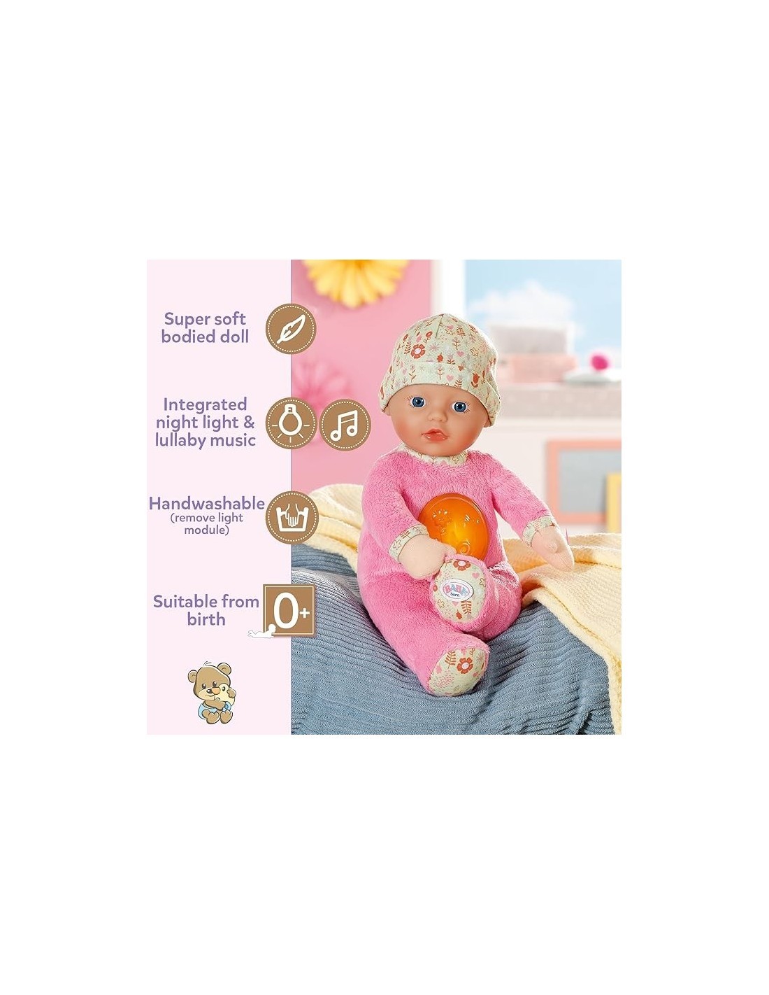 Baby Born Nightfriends for Babies 30cm, Bambola Rosa per Bambini dai 36 Mesi, Giocattolo Educativo per Inventare e Creare