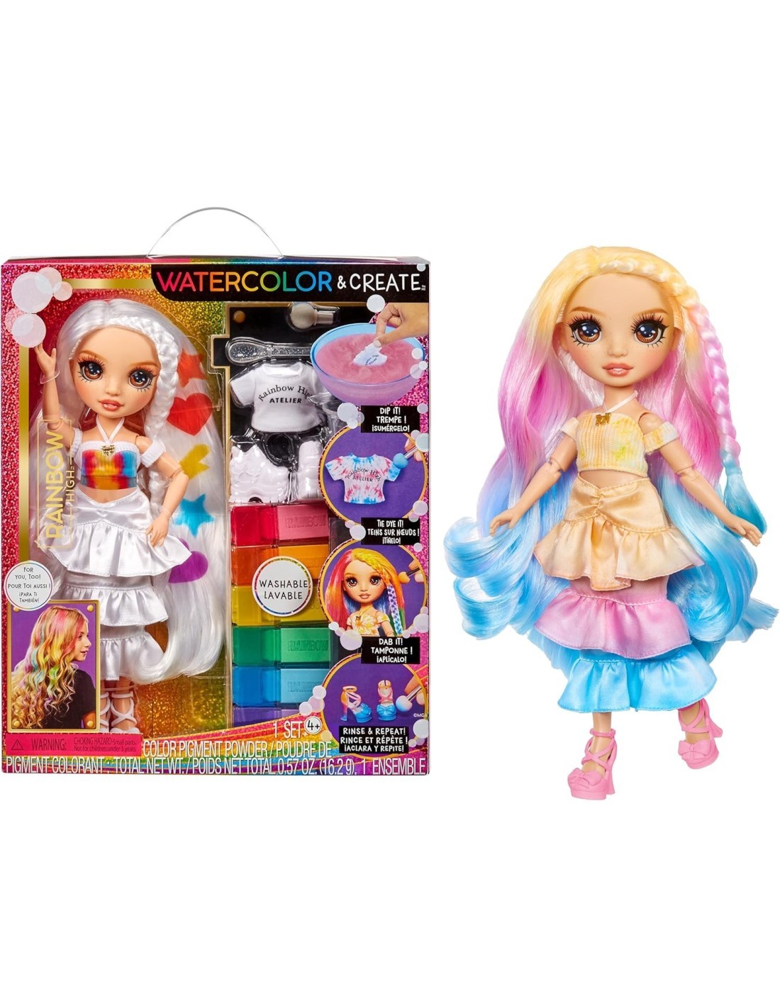 Rainbow High Watercolour & Create DIY Fashion Doll, Acquerelli Lavabili, Kit Tie-Dye, Colora, Crea, Gioca, Risciacqua e Ripeti