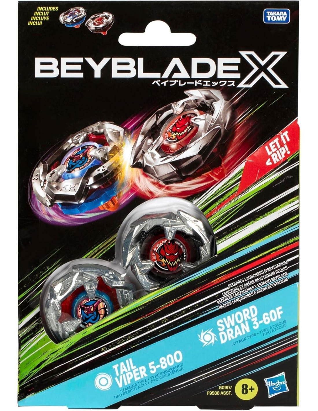 Beyblade X Dual Pack Tail Viper 5-80O & Sword Dran 3-60F Hasbro – Set Duello Trottole