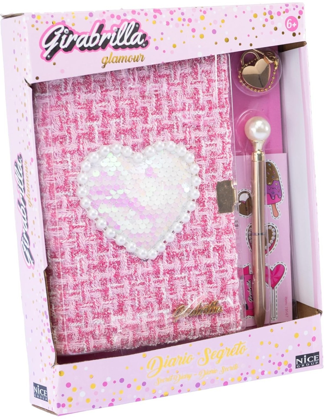 Girabrilla Tweed Diario Segreto Rosa – Quaderno con Cuore in Paillettes e Lucchetto