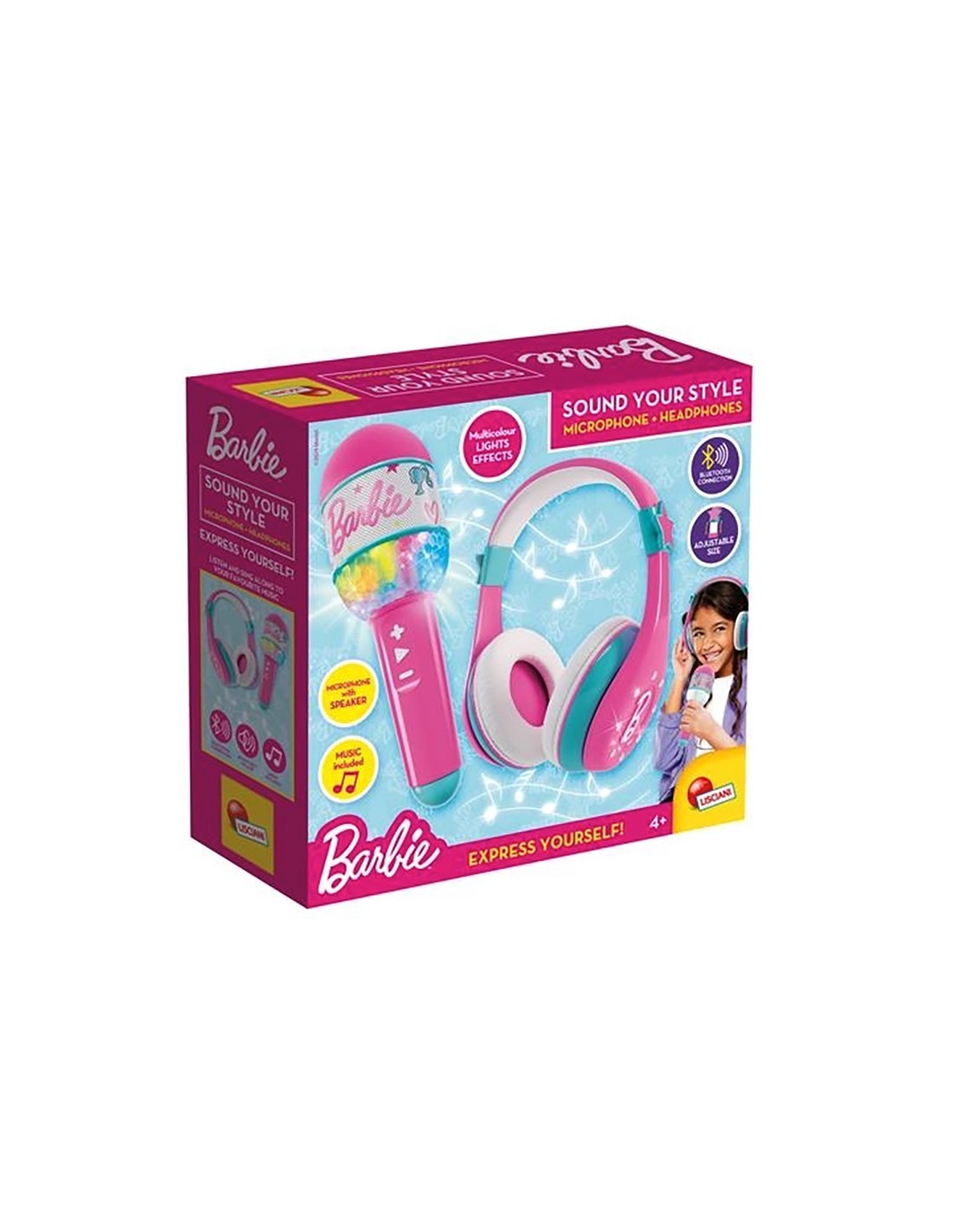BARBIE SET MICROFONO E CUFFIE, BLUETOOTH, LUCI MULTICOLORI, 30X10X10 CM