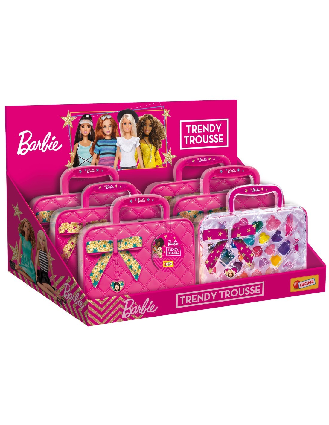 BARBIE TRENDY TROUSSE, KIT MAKE-UP, LIPGLOSS, OMBRETTI, ROSSETTI, 20X18X6 CM