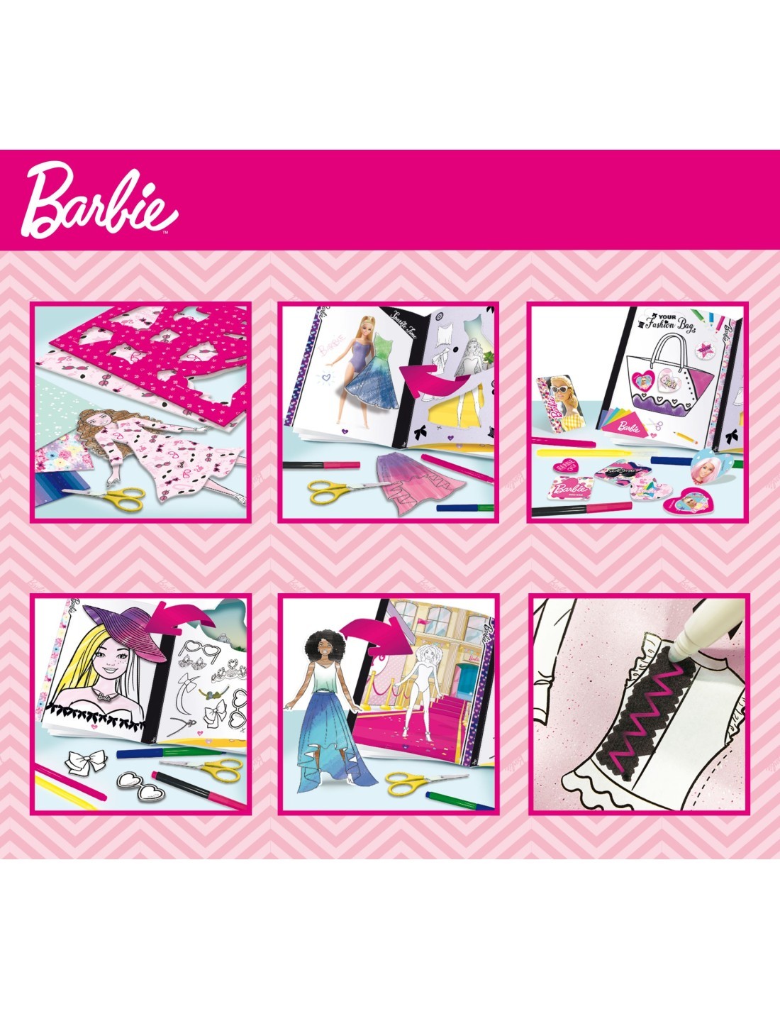 BARBIE FASHION SCHOOL, KIT CREATIVO, STENCIL, ADESIVI, PENNARELLI, 28,7X28,7X26 CM