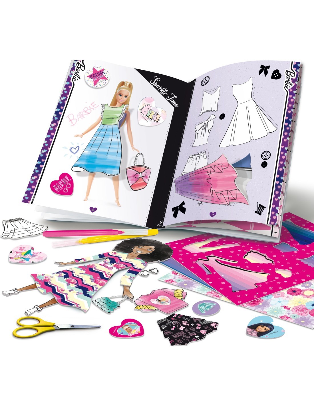 BARBIE FASHION SCHOOL, KIT CREATIVO, STENCIL, ADESIVI, PENNARELLI, 28,7X28,7X26 CM