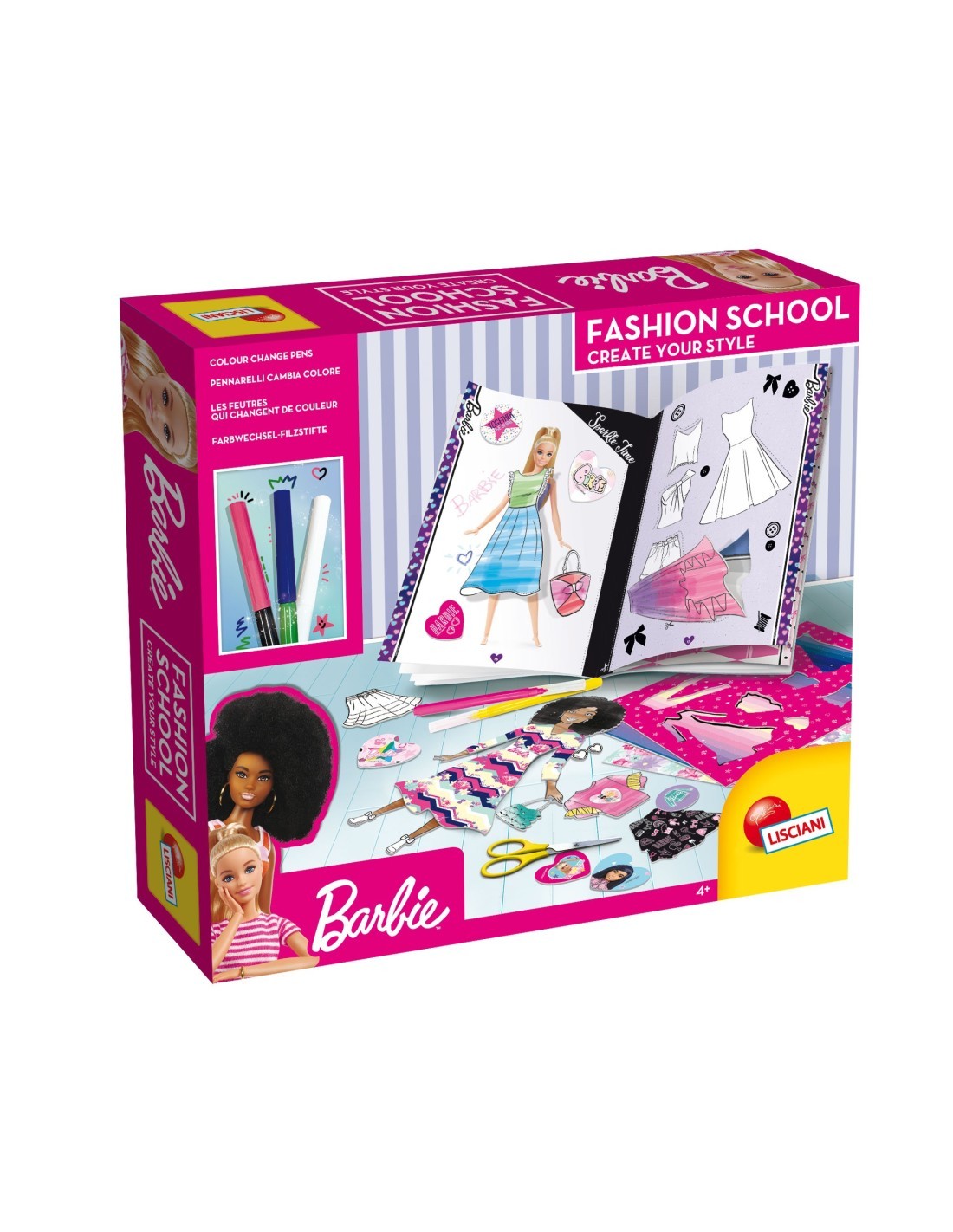 BARBIE FASHION SCHOOL, KIT CREATIVO, STENCIL, ADESIVI, PENNARELLI, 28,7X28,7X26 CM