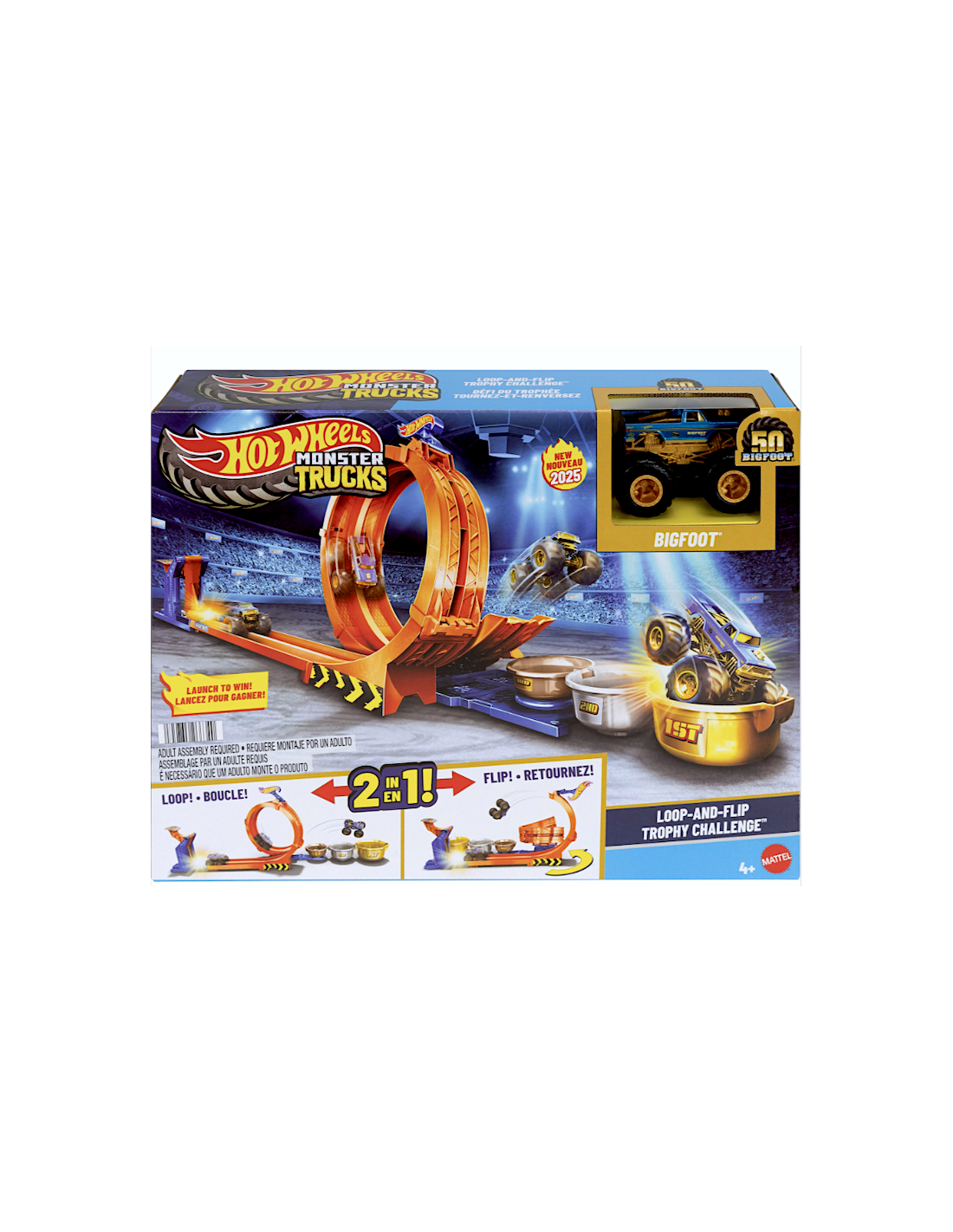 Hot Wheels Monster Trucks Sfida Trofeo Gira e Capovolgi - Playset con Bigfoot 50° Anniversario