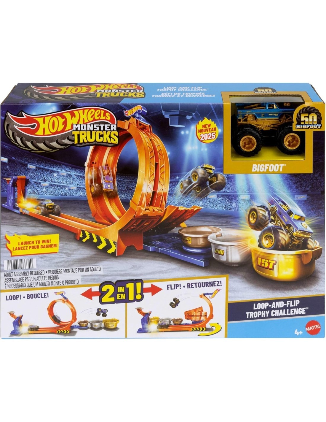 Hot Wheels Monster Trucks Sfida Trofeo Gira e Capovolgi - Playset con Bigfoot 50° Anniversario