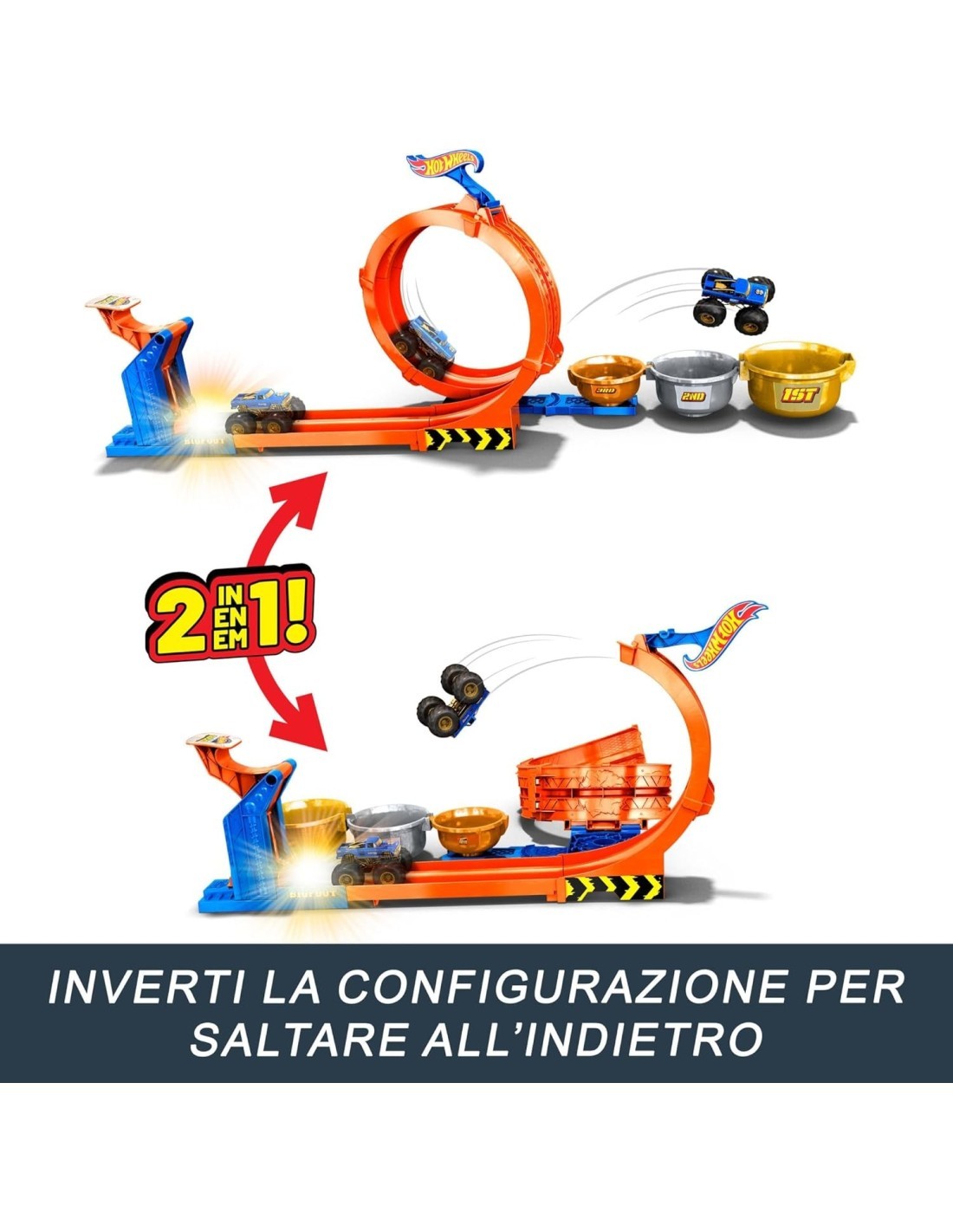 Hot Wheels Monster Trucks Sfida Trofeo Gira e Capovolgi - Playset con Bigfoot 50° Anniversario